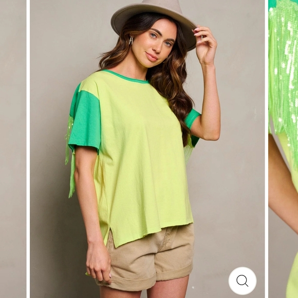 Fantastic Fawn Tops - FANTASTIC FAWN Lime Green Colorblock Top With Sequin Fringe VARIOUS